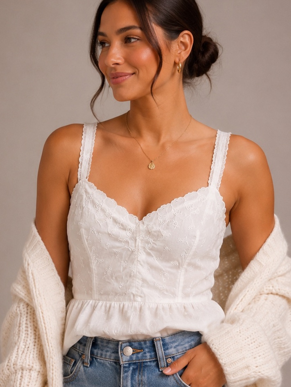 VTG Komar Lingerie White Embroidered Cami Top Sz 38 Cotton Nylon Cottagecore EVC